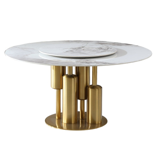 53" Round Marble Dining Table With Lazy Susan, Dining Room, Dinette (Table Only) - Gold / Gold / White 53" Round Marble Dining Table With Lazy Susan, Dining Room, Dinette (Table Only) - Gold / Gold / White