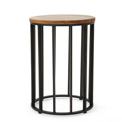 Outdoor Cylindrical Side Table With Round Solid Wood Top And Metal Frame - Natural Outdoor Cylindrical Side Table With Round Solid Wood Top And Metal Frame - Natural