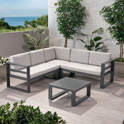 Dursley - Outdoor Aluminum V Shape Sofa Sectional - Beige / Gray Dursley - Outdoor Aluminum V Shape Sofa Sectional - Beige / Gray