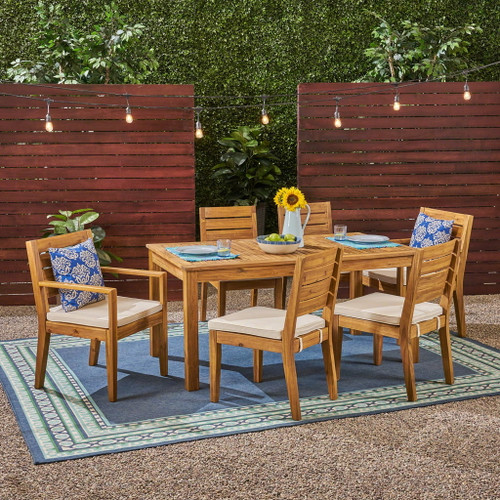 Outdoor 6 Seater Expandable Dining Set With Cushions - Sandblasted Natural / Beige Outdoor 6 Seater Expandable Dining Set With Cushions - Sandblasted Natural / Beige