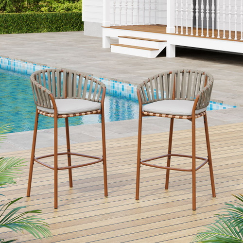 Lodi - Outdoor Matal Rope Barstool, Teak / Beige (Set of 2) - Teak / Beige Lodi - Outdoor Matal Rope Barstool, Teak / Beige (Set of 2) - Teak / Beige