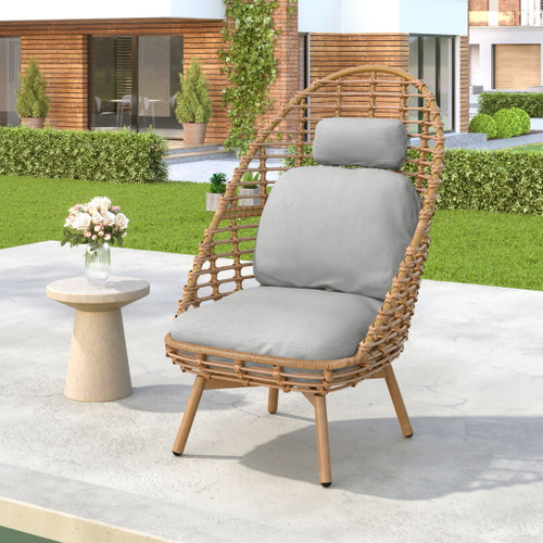 Ellis - Outdoor Wicker High Back Lounge Chair, Teak Finished Leg - Light Brown / Beige Ellis - Outdoor Wicker High Back Lounge Chair, Teak Finished Leg - Light Brown / Beige