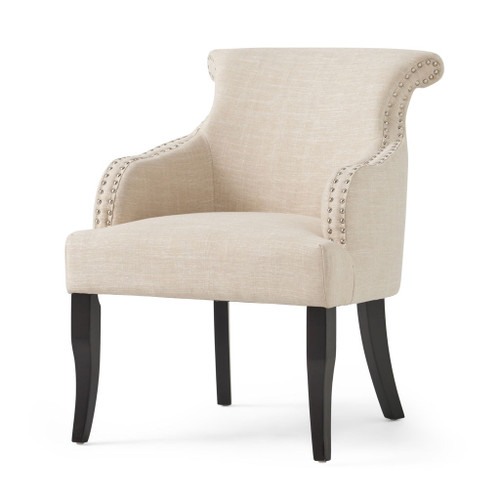 Upholstered Armchair With Rolled Back, Tapered Legs And Nailhead Trim - Light Beige Upholstered Armchair With Rolled Back, Tapered Legs And Nailhead Trim - Light Beige