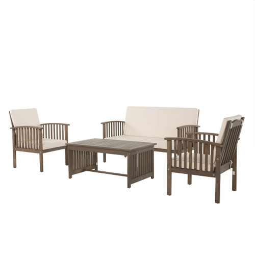 4 Piece Outdoor Chat Set With Water Resistant Cushion And Wood Frame - Cream / Gray 4 Piece Outdoor Chat Set With Water Resistant Cushion And Wood Frame - Cream / Gray