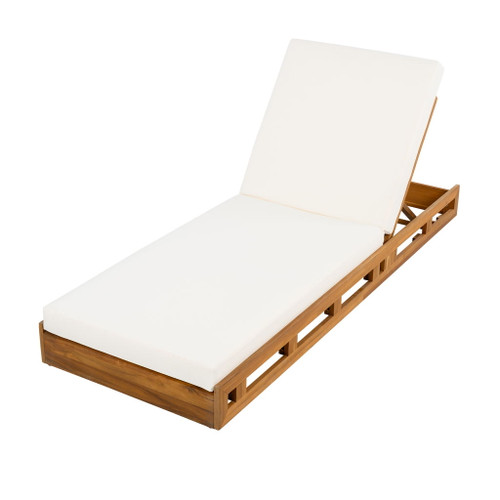 Premium Acacia Wood Lounge Chaise Set With Water Resistant Cushions, Adjustable Recline - Cream / Teak Premium Acacia Wood Lounge Chaise Set With Water Resistant Cushions, Adjustable Recline - Cream / Teak