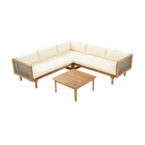 Premium Outdoor Sofa Set With Waterproof Cushions Sectional Seating Group With Acacia Wood And Wicker - Brown Mix / Beige Premium Outdoor Sofa Set With Waterproof Cushions Sectional Seating Group With Acacia Wood And Wicker - Brown Mix / Beige