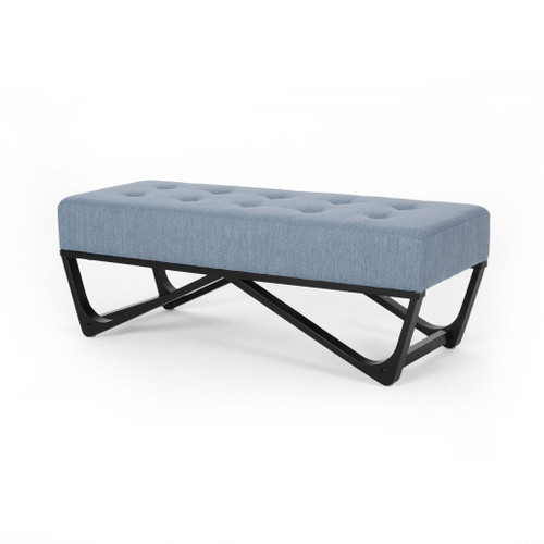 Upholstered Ottoman With Button Tufted Waffle Stitch And Black Geometric Legs - Light Blue Upholstered Ottoman With Button Tufted Waffle Stitch And Black Geometric Legs - Light Blue
