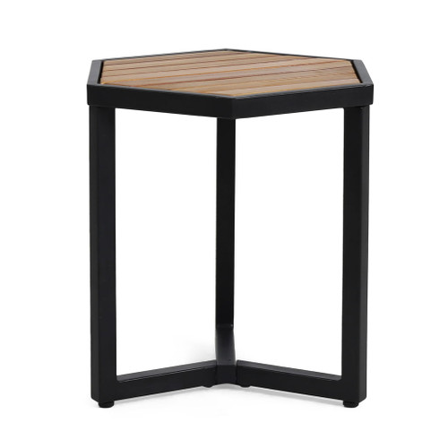 Outdoor Side Table With Iron Base And Slatted Top - Brown Outdoor Side Table With Iron Base And Slatted Top - Brown