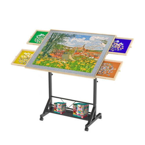 360 Degree Tilting Wooden Puzzle Table With 1500 Pieces, Rolling Design With Adjustable Height, Drawer, And Protective Cover - Black / Natural Wood 360 Degree Tilting Wooden Puzzle Table With 1500 Pieces, Rolling Design With Adjustable Height, Drawer, And Protective Cover - Black / Natural Wood
