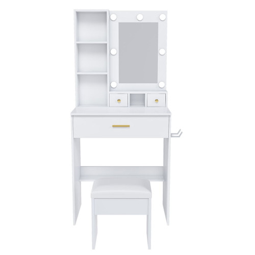 Vanity Table With Mirror, Adjustable LED Lights, Power Outlet, Hairdryer Holder & Stool Vanity Table With Mirror, Adjustable LED Lights, Power Outlet, Hairdryer Holder & Stool