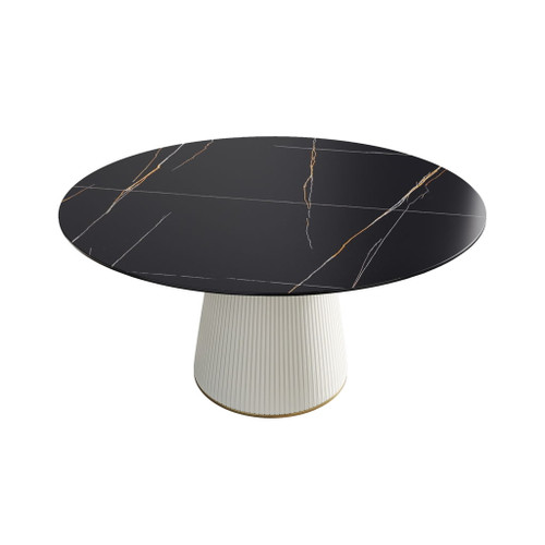 Modern Artificial Stone Round Plywood Base Dining Table, Can Accommodate 8 People, (Not Including Chairs) - Black / Beige Modern Artificial Stone Round Plywood Base Dining Table, Can Accommodate 8 People, (Not Including Chairs) - Black / Beige