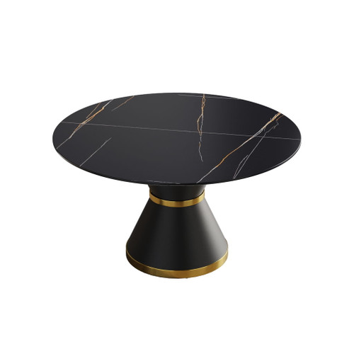 Round Modern Artificial Stone Carbon Steel Base Dining Table, Can Accommodate 6 People - Black Round Modern Artificial Stone Carbon Steel Base Dining Table, Can Accommodate 6 People - Black