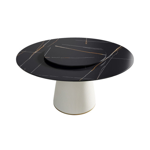 Modern Artificial Stone Round Plywood Base Dining Table, Can Accommodate 8 People Artificial Stone Turntable (Not Including Chairs) - Black / Beige Modern Artificial Stone Round Plywood Base Dining Table, Can Accommodate 8 People Artificial Stone Turntable (Not Including Chairs) - Black / Beige