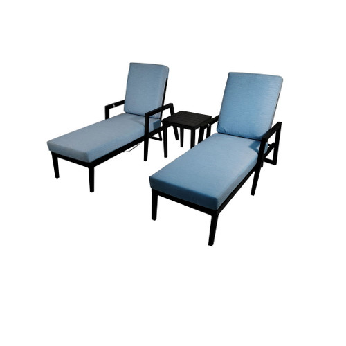 3 Piece Outdoor Patio Lounge Set, 2 Chaise & 1 End Table With Modern Tapered Feet, Pneumatic Adjustable Backrest, Wheels, Sunbrella Cushion - Ember Black / Blue 3 Piece Outdoor Patio Lounge Set, 2 Chaise & 1 End Table With Modern Tapered Feet, Pneumatic Adjustable Backrest, Wheels, Sunbrella Cushion - Ember Black / Blue
