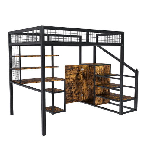 Full Size Loft Bed With Desk & Wardrobe Heavy Frame, Built In Staircase, Storage Rack & Shelves Gaming Bed - Black Full Size Loft Bed With Desk & Wardrobe Heavy Frame, Built In Staircase, Storage Rack & Shelves Gaming Bed - Black