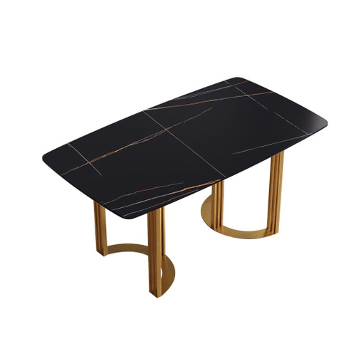 63" Modern Artificial Stone Curved Golden Metal Leg Dining Table, 6 People - Black / Gold 63" Modern Artificial Stone Curved Golden Metal Leg Dining Table, 6 People - Black / Gold