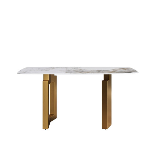63" Artificial Stone Pandora White Curved Golden Metal Leg Dining Table, 6 People - Antique White / Gold 63" Artificial Stone Pandora White Curved Golden Metal Leg Dining Table, 6 People - Antique White / Gold