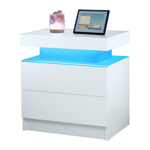 Modern LED Bedside Table Cabinet With Adjustable Lights And 2 Drawers - White Modern LED Bedside Table Cabinet With Adjustable Lights And 2 Drawers - White