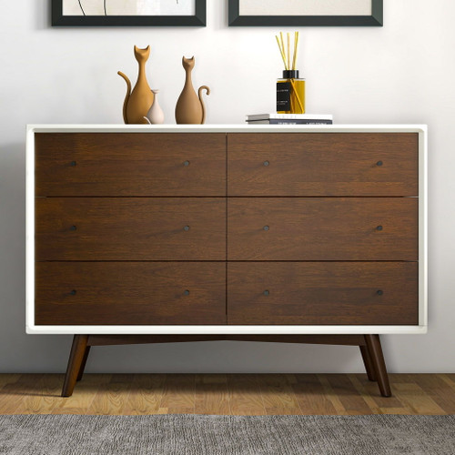 Mid-Century Modern White Dresser 6 Drawer - Dark Brown / White Mid-Century Modern White Dresser 6 Drawer - Dark Brown / White