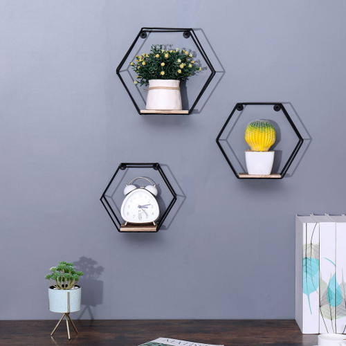 Wall Mounted Hexagonal Floating Shelves - Black (Set of 3) In Different Sizes, Modern Metal Wall Shelf, Simple Wood Partition Storage Shelves, Wall Decor Rack - Natural Wood Wall Mounted Hexagonal Floating Shelves - Black (Set of 3) In Different Sizes, Modern Metal Wall Shelf, Simple Wood Partition Storage Shelves, Wall Decor Rack - Natural Wood