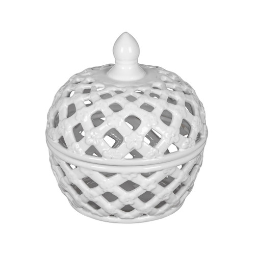 Ceramic Lidded Jar With Lattice Design - White Ceramic Lidded Jar With Lattice Design - White
