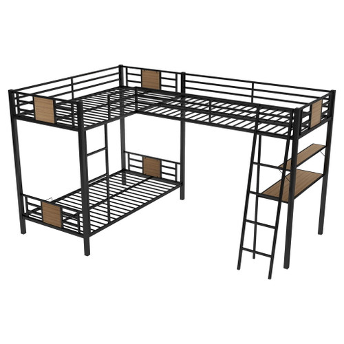 L-Shaped Twin Over Twin Bunk Bed With Twin Size Loft Bed With Desk And Shelf - Brown L-Shaped Twin Over Twin Bunk Bed With Twin Size Loft Bed With Desk And Shelf - Brown