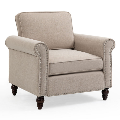 Modern Upholstered Accent Chair Armchair, Fabric Reading Living Room Side Chair, Single Sofa - Light Beige Modern Upholstered Accent Chair Armchair, Fabric Reading Living Room Side Chair, Single Sofa - Light Beige