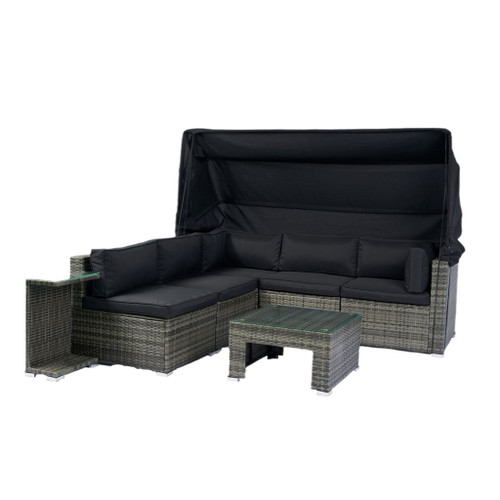 7 Piece Patio Furniture Set With Retractable Canopy Wicker Rattan Sectional Sofa Set Patio Furniture With Washable Cushions For Lawn, Garden, Backyard, Poolside Wicker And Cushion - Gray / Black 7 Piece Patio Furniture Set With Retractable Canopy Wicker Rattan Sectional Sofa Set Patio Furniture With Washable Cushions For Lawn, Garden, Backyard, Poolside Wicker And Cushion - Gray / Black