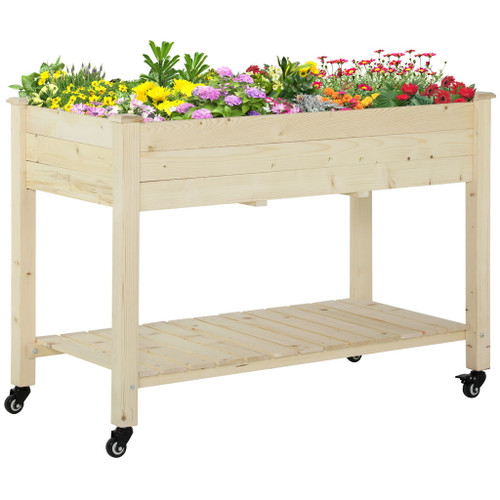 Outsunny - Raised Garden Bed, 47" x 22" x 33", Elevated Wooden Planter Box With Lockable Wheels, Storage Shelf, And Bed Liner For Backyard, Patio - Natural Outsunny - Raised Garden Bed, 47" x 22" x 33", Elevated Wooden Planter Box With Lockable Wheels, Storage Shelf, And Bed Liner For Backyard, Patio - Natural