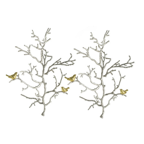 Metal Branch Wall Sculptures With Bird Accents (Set of 2) - Silver Multi Metal Branch Wall Sculptures With Bird Accents (Set of 2) - Silver Multi