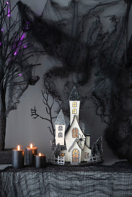 Cardboard Lighted Haunted House, Tabletop Holiday Halloween Decor, Battery Powered - Beige / Black Cardboard Lighted Haunted House, Tabletop Holiday Halloween Decor, Battery Powered - Beige / Black