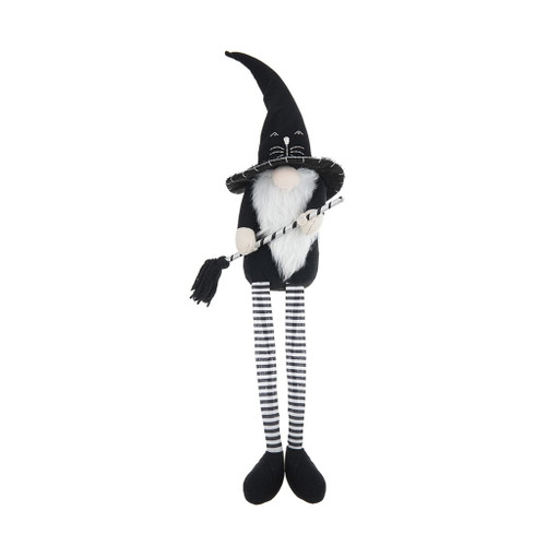 Sitting Gnome With Broomstick & Long Legs, For Halloween Decor - Black White Sitting Gnome With Broomstick & Long Legs, For Halloween Decor - Black White