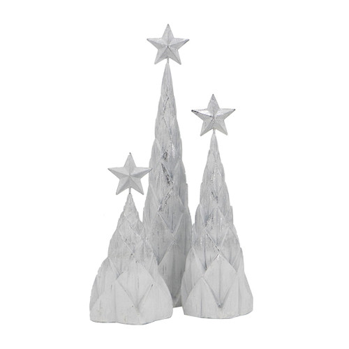 Resin / Foil Christmas Tree With Star Top (Set of 3) - White / Silver Resin / Foil Christmas Tree With Star Top (Set of 3) - White / Silver