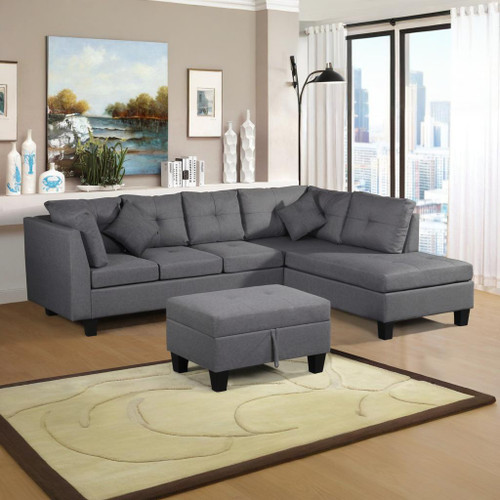 Sectional Sofa Set For Living Room With Right Hand Chaise Lounge And Storage Ottoman - Gray Sectional Sofa Set For Living Room With Right Hand Chaise Lounge And Storage Ottoman - Gray