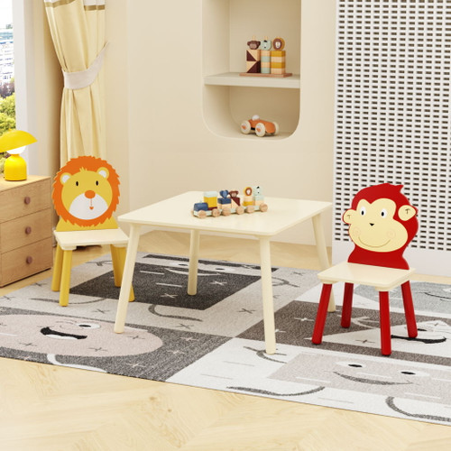 Kids Table And 2 Chairs Set, 3 Pieces Toddler Table And Chair Set, Wooden Activity Play Table Set (Lion&Monkey) - Natural Kids Table And 2 Chairs Set, 3 Pieces Toddler Table And Chair Set, Wooden Activity Play Table Set (Lion&Monkey) - Natural