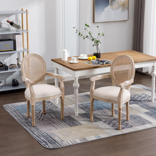 French Vintage Upholstered Fabric Dining Armchair (Set of 2) - Beige French Vintage Upholstered Fabric Dining Armchair (Set of 2) - Beige