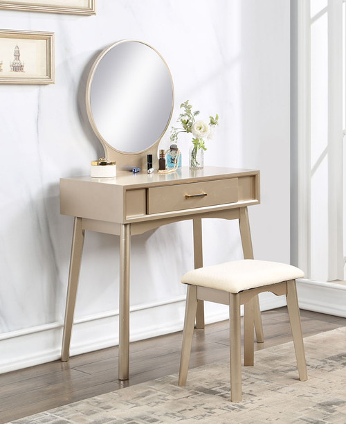 Maly - Contemporary Wood Vanity And Stool Set - Gold Maly - Contemporary Wood Vanity And Stool Set - Gold