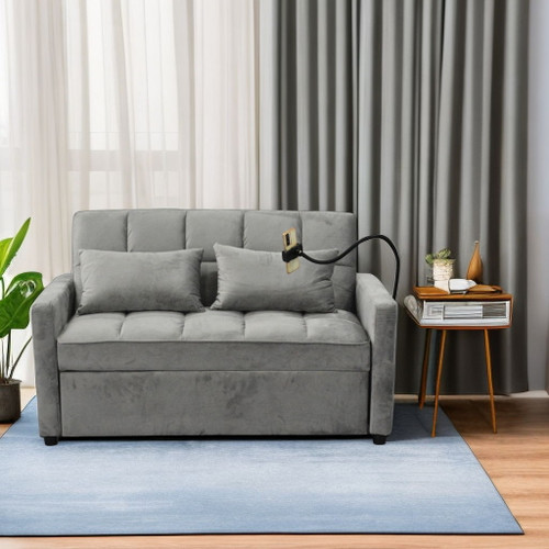 3 In 1 Convertible Sleeper Sofa Bed, Modern Velvet Fabric Futon Sofa Couch Pullout Bed, Adjustable Backrest With Three USB Ports, Two Side Pockets, Two Cup Holders And Swivel Phone Holder 3 In 1 Convertible Sleeper Sofa Bed, Modern Velvet Fabric Futon Sofa Couch Pullout Bed, Adjustable Backrest With Three USB Ports, Two Side Pockets, Two Cup Holders And Swivel Phone Holder