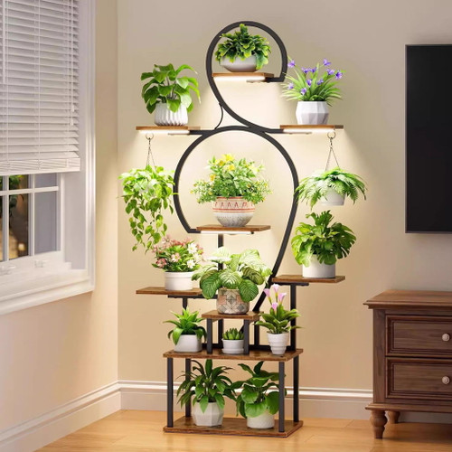 Plant Stand Indoor With Grow Light, 9 Tiered 63" Tall Indoor Plant Shelves For Multiple Plants - Walnut / Black Plant Stand Indoor With Grow Light, 9 Tiered 63" Tall Indoor Plant Shelves For Multiple Plants - Walnut / Black