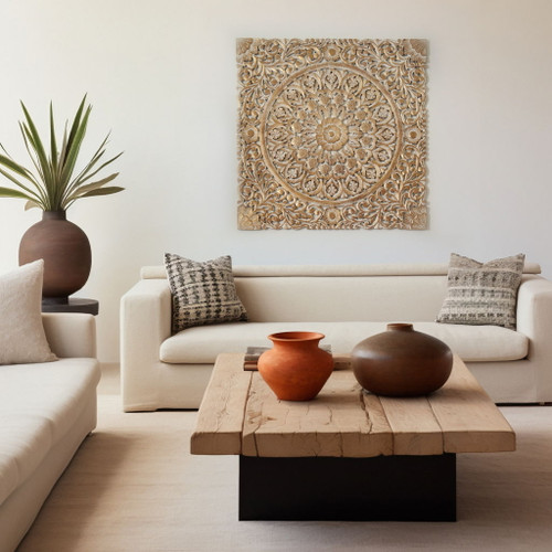 Floral Hand Carved Mandala Square Wall Decor With Spiritual Symbolism - Gold / White Floral Hand Carved Mandala Square Wall Decor With Spiritual Symbolism - Gold / White