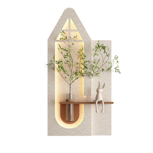 Adjustable 3 Color LED Sandstone Wall Decor With Simulated Plants, Glass Vase & Rabbit Statue - Light Coffee Adjustable 3 Color LED Sandstone Wall Decor With Simulated Plants, Glass Vase & Rabbit Statue - Light Coffee