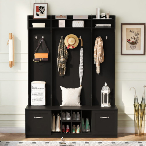 5 In 1 Entryway Bench With Coat Rack, 7 Sturdy Hooks, 2 Spacious Drawers And Adjustable Shelves 5 In 1 Entryway Bench With Coat Rack, 7 Sturdy Hooks, 2 Spacious Drawers And Adjustable Shelves