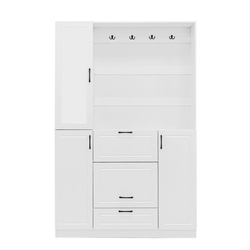 Entryway Bench With Integrated Shoe Cabinet, 3 In 1 Design And Mirrored Cabinet Door, Hall Tree With 4 Sturdy Hooks And Foldable Seat For Entrance, Living Room - White Entryway Bench With Integrated Shoe Cabinet, 3 In 1 Design And Mirrored Cabinet Door, Hall Tree With 4 Sturdy Hooks And Foldable Seat For Entrance, Living Room - White