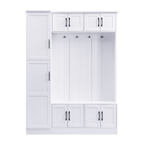 Tall Hall Tree With Shoe Storage, 4 In 1 Entryway Bench With 6 Cabinets, 4 Coat Hooks & Adjustable Shelf For Hallway - White Tall Hall Tree With Shoe Storage, 4 In 1 Entryway Bench With 6 Cabinets, 4 Coat Hooks & Adjustable Shelf For Hallway - White