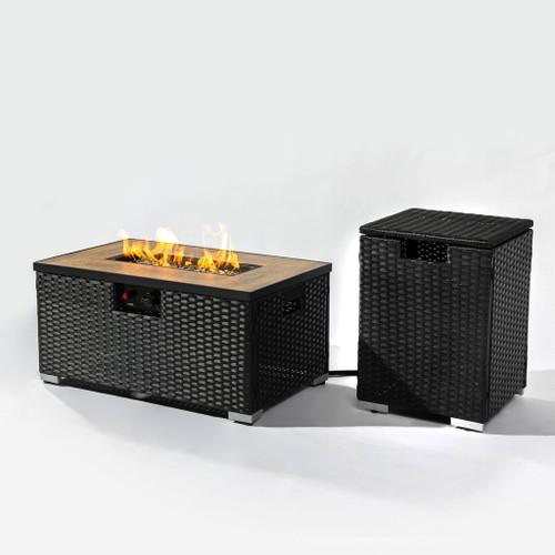 32" Propane Gas Fire Pit Table With Propane Tank Cover, 50000 Btu Rectangular Steel Fire Pit With Beautiful Wicker Base 32" Propane Gas Fire Pit Table With Propane Tank Cover, 50000 Btu Rectangular Steel Fire Pit With Beautiful Wicker Base