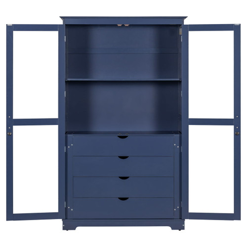 Kitchen Pantry, Freestanding Kitchen Storage Cabinet Display Cabinet With Glass Doors And 4 Built In Drawers For Living Room, Home Office - Blue