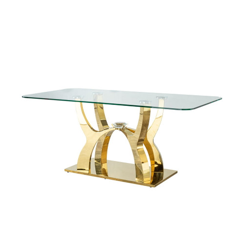 Tempered Clear Glass Rectangular Dining Table With Stainless Steel Base - Gold
