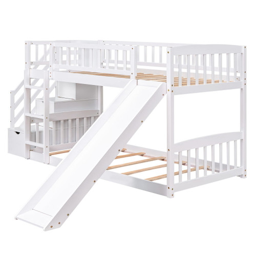 Twin Over Twin Stairway Bunk Bed With Two Drawers And Slide