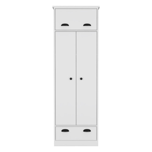Dresser Closet With Upper Storage Covered With 1 Door, 2 Central Shelves, 1 Tube For Hanging Clothes Covered By 2 Doors, 1 Drawer At The Bottom - White