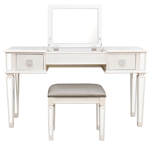 Mirrored Vanity Desk With Drawers And Stool, Flip Up Dressing Table Set For Makeup Room